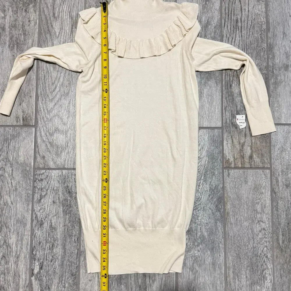 Leith NWT Womens Dress Ivory Long Sleeve Knit Turtleneck Ruffle Yoke XS SoftGirl